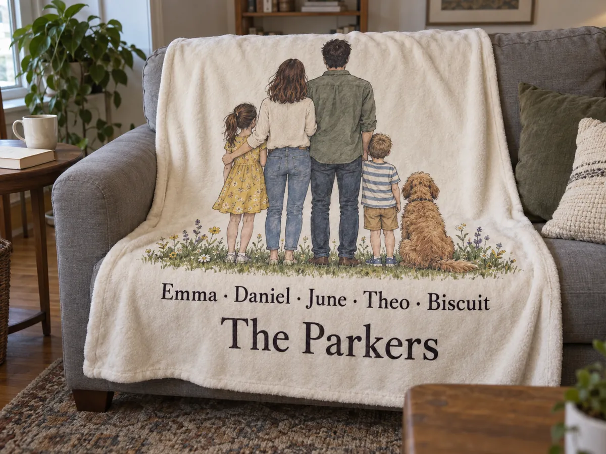 A cream fleece blanket draped over a sofa, printed with an illustrated family and their dog seen from behind and their names underneath