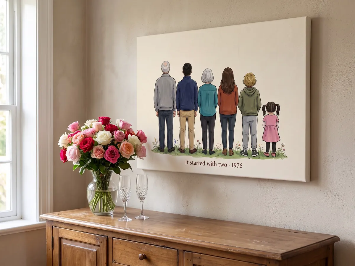 A canvas above a dining room sideboard with roses and two glasses, showing an illustrated family of six seen from behind