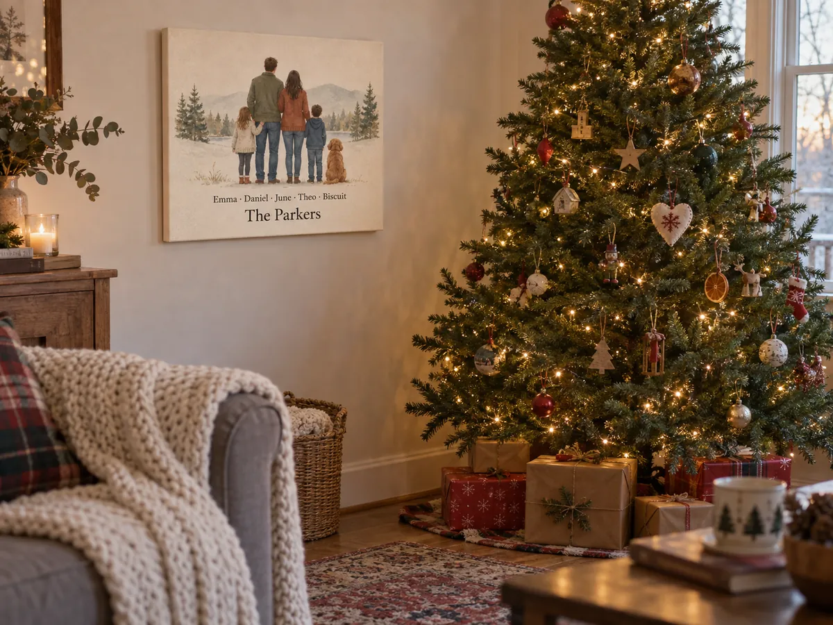 An illustrated family portrait canvas on a wall beside a lit Christmas tree with wrapped presents underneath