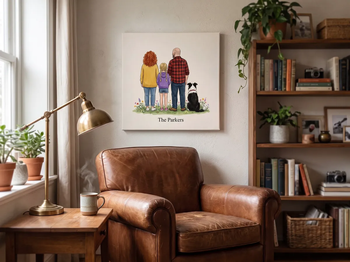 A canvas above a leather armchair in a den, showing an illustrated family and their dog seen from behind with the name The Parkers underneath