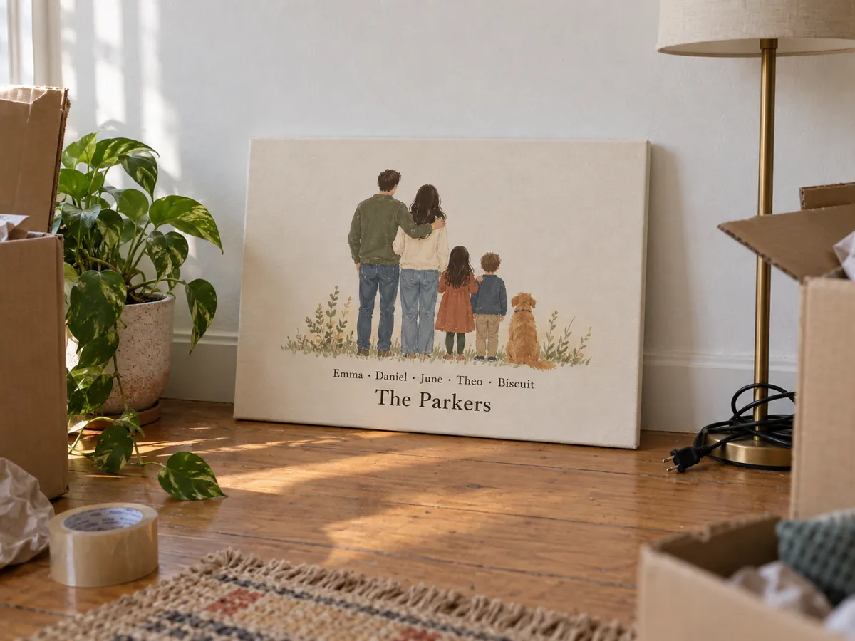 An illustrated family portrait canvas leaning against the wall of an apartment next to open moving boxes