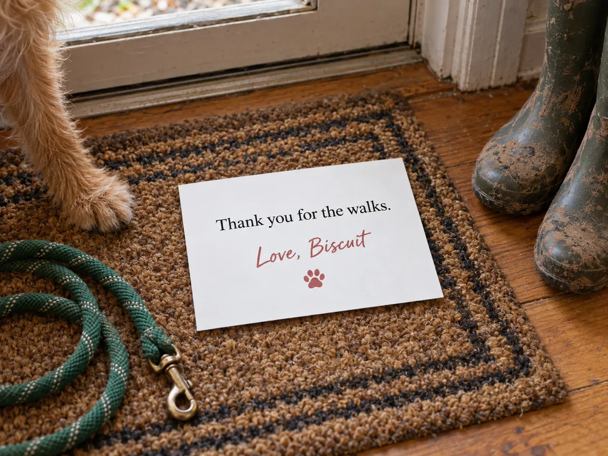 A card on a doormat that reads Thank you for the walks, Love, Biscuit, with a paw print, next to a dog's paw