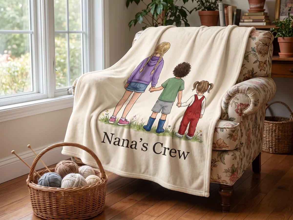A cream fleece blanket draped over a floral armchair, printed with an illustration of three grandchildren in a row seen from behind and the words Nana's Crew