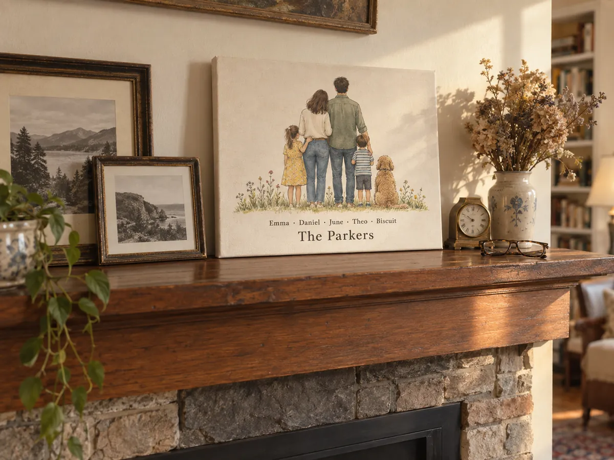A canvas on a fireplace mantel showing an illustrated family and their dog seen from behind, with their names underneath