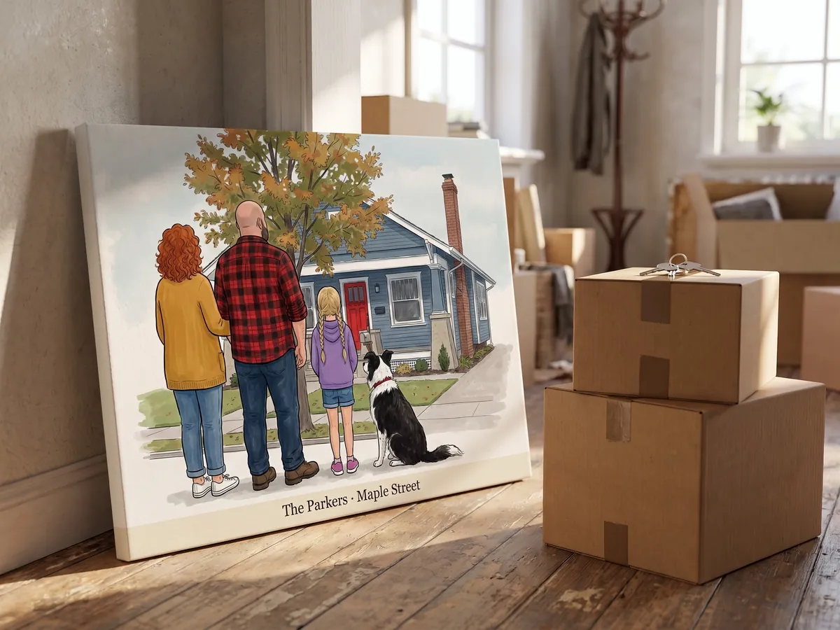 A canvas leaning in an entryway beside moving boxes and house keys, showing an illustrated family standing in front of their own house