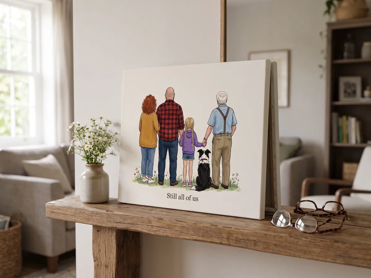 A canvas on a mantel beside white flowers, showing an illustrated family standing together with their grandfather, seen from behind