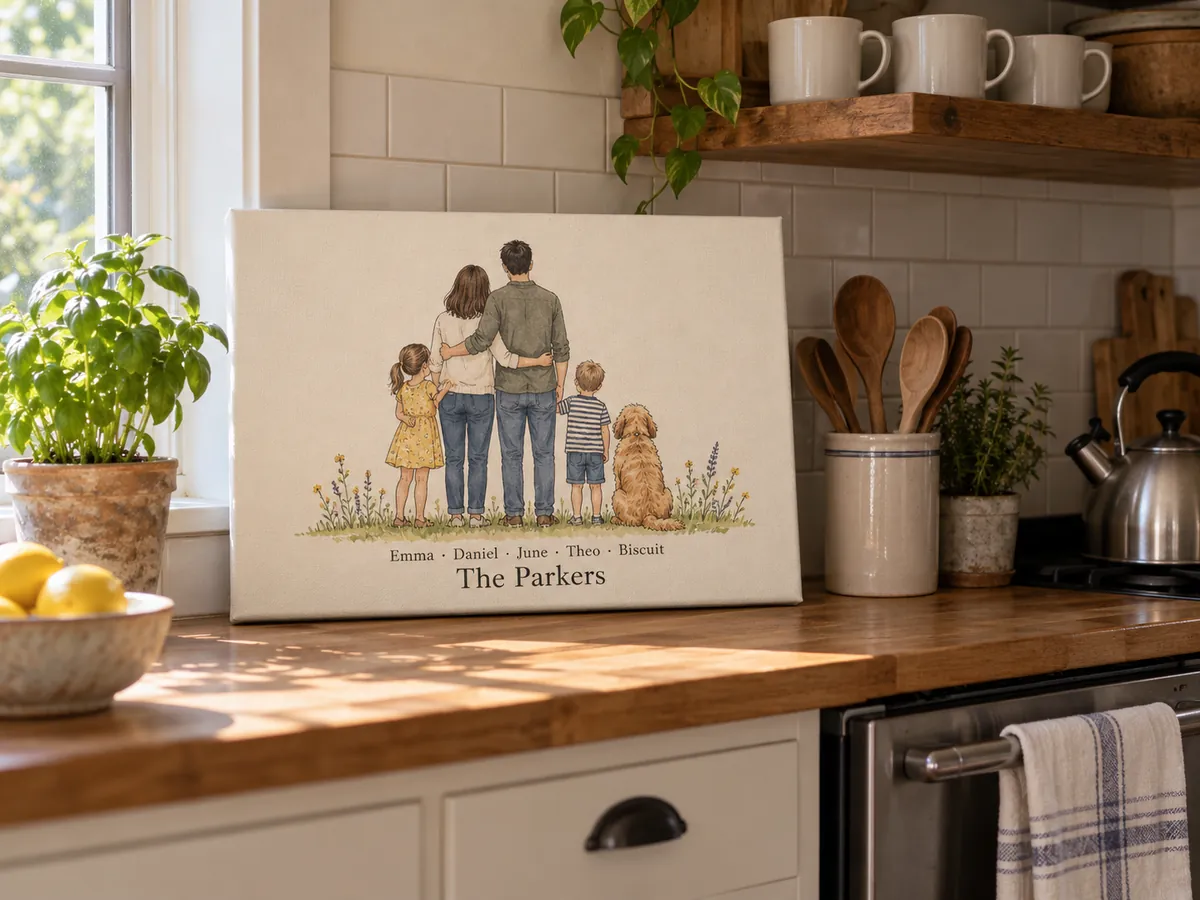 An illustrated family portrait canvas leaning on a kitchen counter in morning light, the family drawn from behind with their names underneath