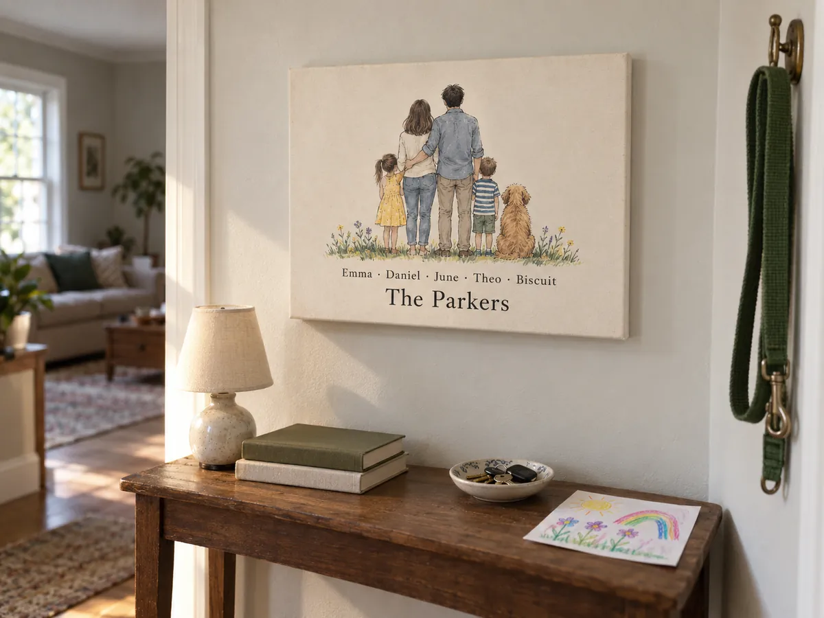 A canvas hanging in a hallway showing an illustrated family of four and their dog seen from behind, with their names underneath