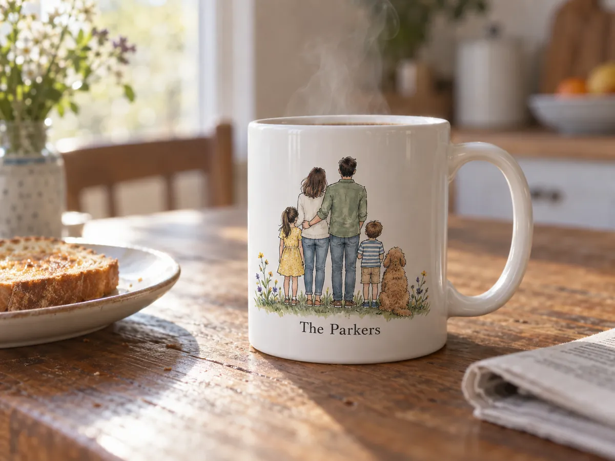 A white ceramic mug on a kitchen table, printed with an illustrated family and their dog seen from behind and their family name